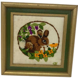 vintage handmade crewel embroidery woodland bunny framed finished 6.5x6.5